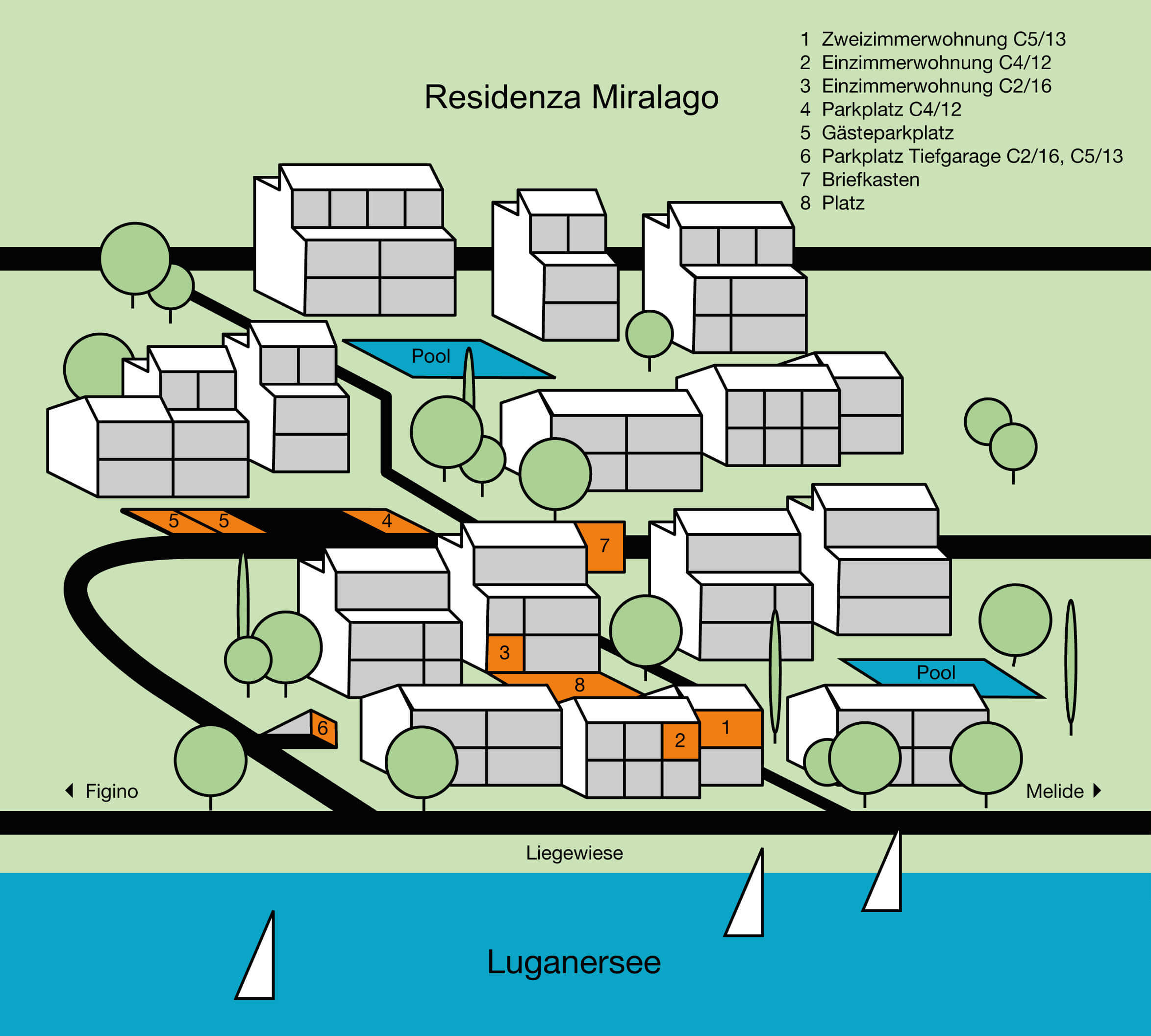 Dieser Plan zeigt eine Übersicht der Residenza Miralago