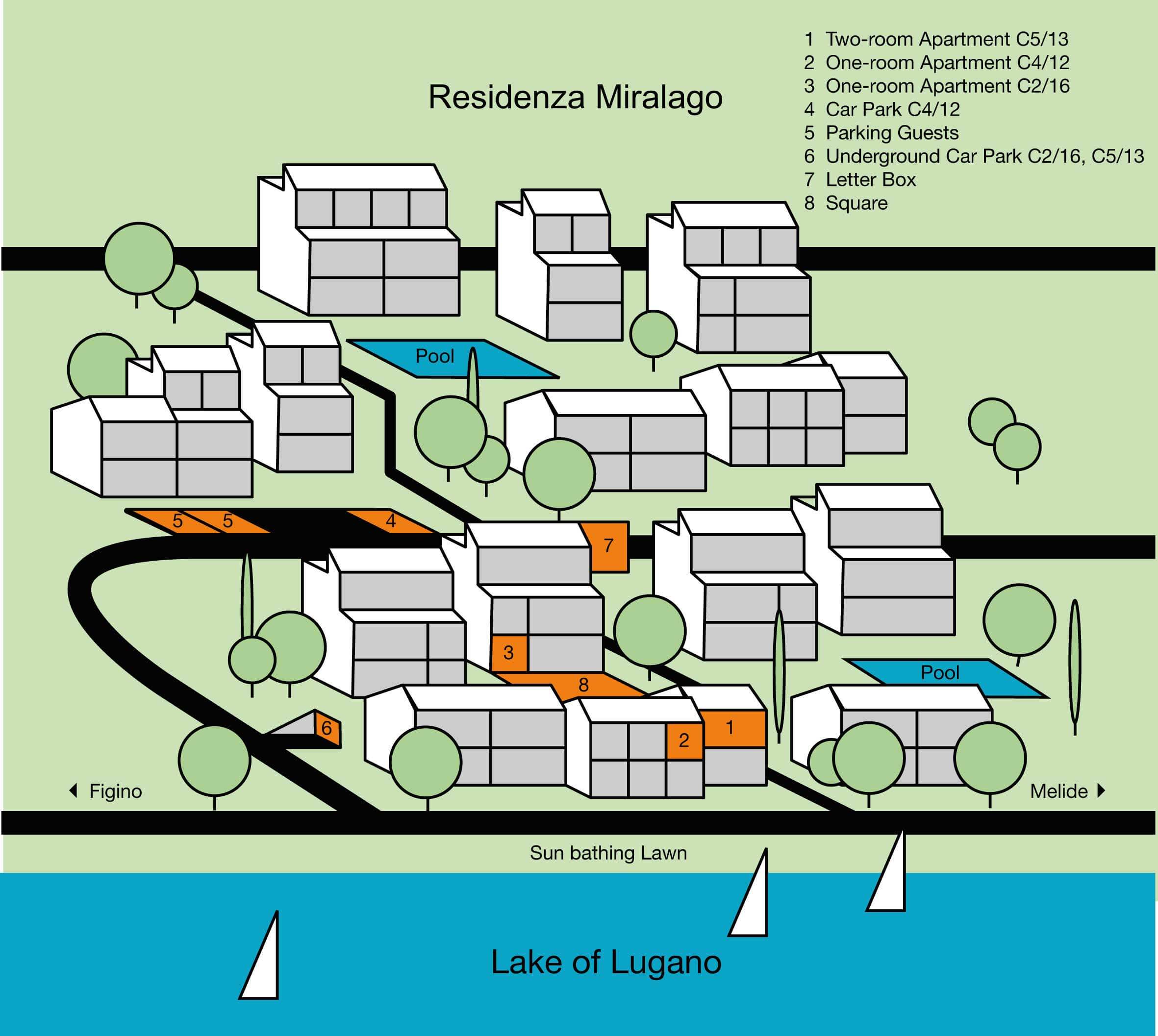 This map shows an overview of the Residenza Miralago