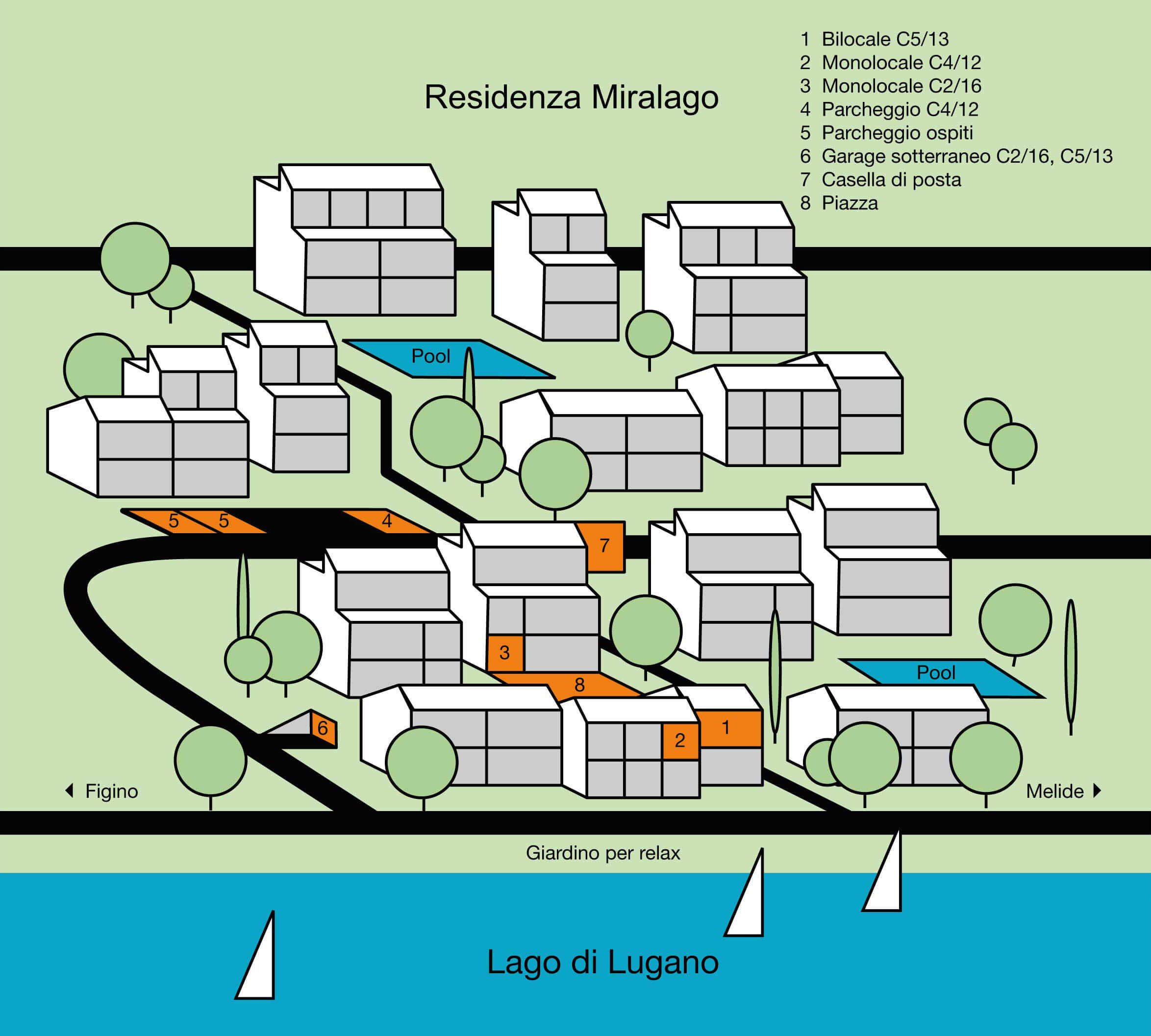 Dieser Plan zeigt eine Übersicht der Residenza Miralago